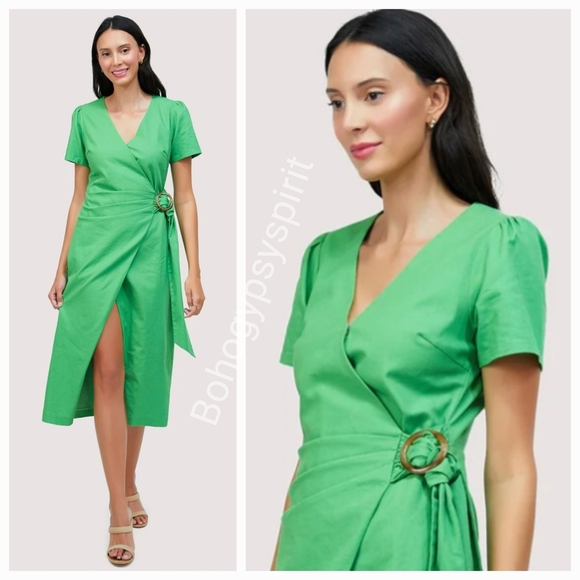 NWT $158 Lost + Wander Green Wrap Midi Dress, Small - Picture 3 of 17